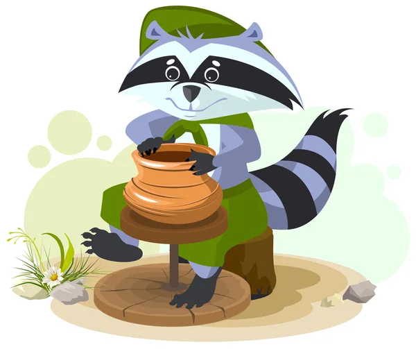 Scout raccoon makes ceramic pot — Stock Vector