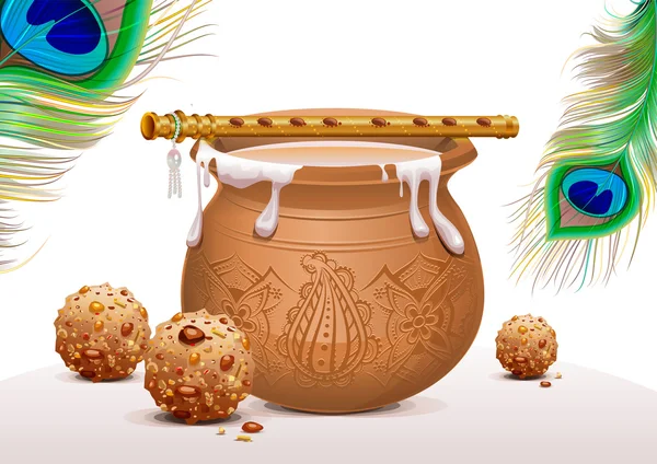 Vakantie symbolen Krishna Janmashtami. Pot yoghurt, peacock feather, fluit en snoep — Stockvector