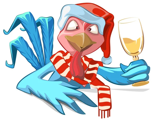 蓝色公鸡象征 2017年。圣诞老人公鸡喝香槟 — 图库矢量图片