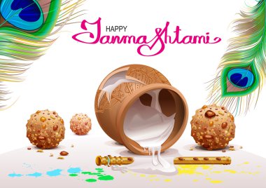 Tatil Krishna Janmashtami simgeler. Kırık bardak yoğurt, tavus kuşu tüyü, flüt ve tatlılar