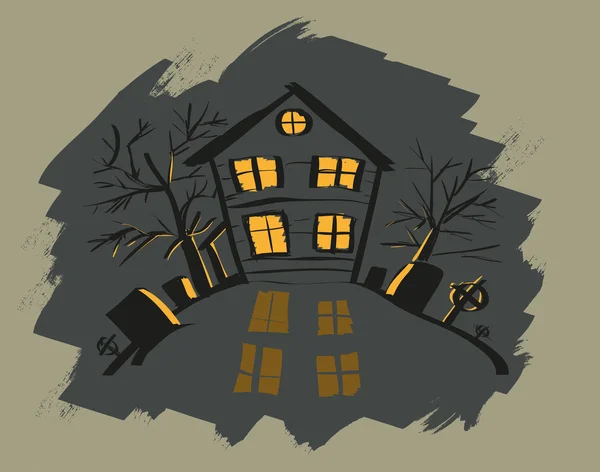 Sötét halloween ház. Narancssárga fényt, a windows — Stock Vector