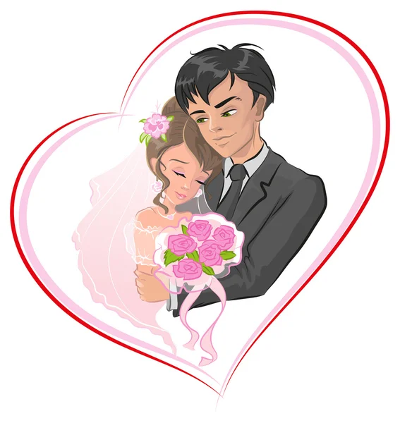 Just married bride and groom. Newlyweds in frame in shape of heart — Stock Vector