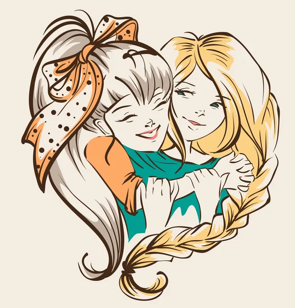 Mädchen umarmt Freundin. zwei glückliche Schwestern — Stockvektor