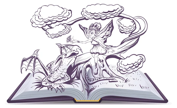 Nyitott könyv egy illusztráció, fantázia. Elf nő és a sárkány — Stock Vector