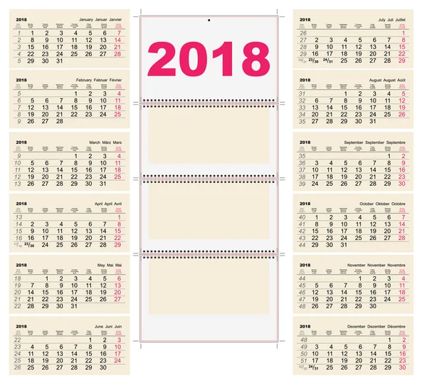 Griglia modello Calendario da parete 2018. Primo giorno lunedì — Vettoriale Stock