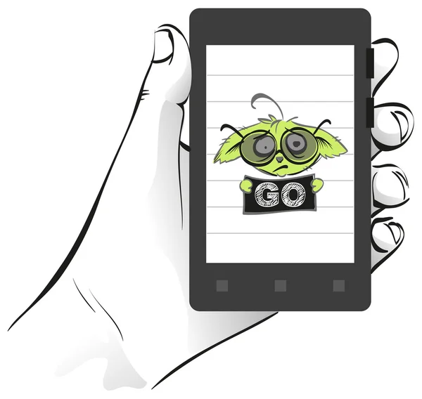 Mobile phone in palm hand. Wanted green pokemon go — Stock Vector