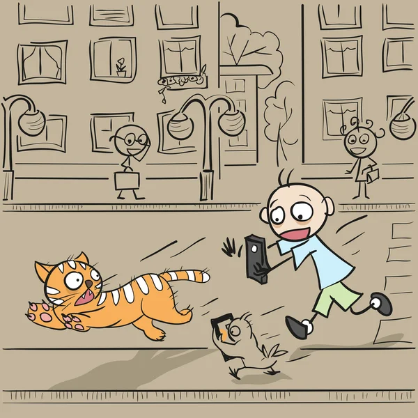 Garçon avec téléphone courir pour chat — Image vectorielle