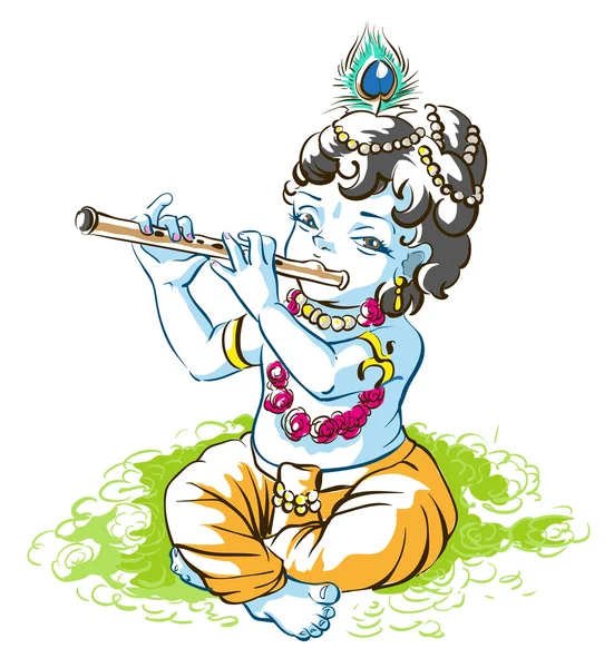 Dieu Krishna Janmashtami. Garçon berger jouer de la flûte — Image vectorielle
