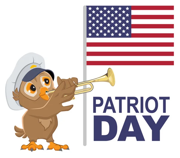 Patriot Day USA. Bugler de búho en gorra blanca toca cuerno — Archivo Imágenes Vectoriales