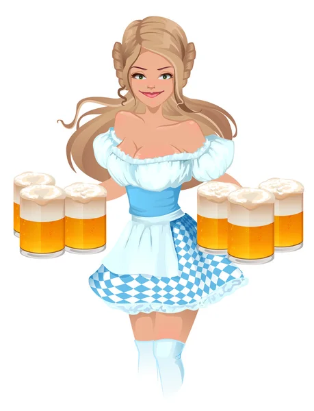 Oktoberfest Cerveza Festival. Chica alemana camarera sosteniendo tazas de cerveza — Vector de stock