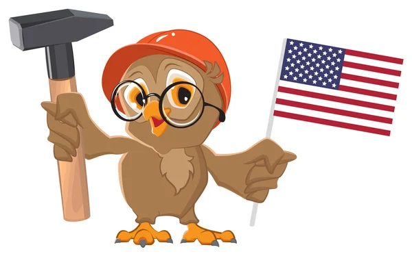 Fête du Travail USA. Hibou tenant marteau et drapeau américain — Image vectorielle