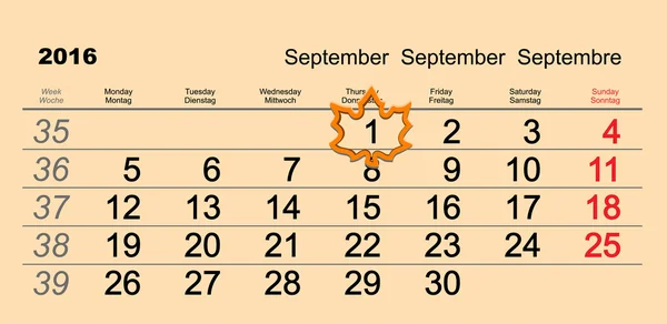 Autumn 2016 September 1 calendar. Maple Leaf back to school — Stock Vector