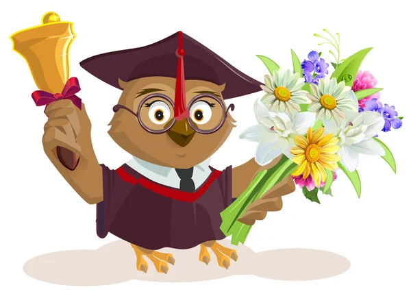 Owl teacher holding bouquet of flowers. School bell — Stock Vector