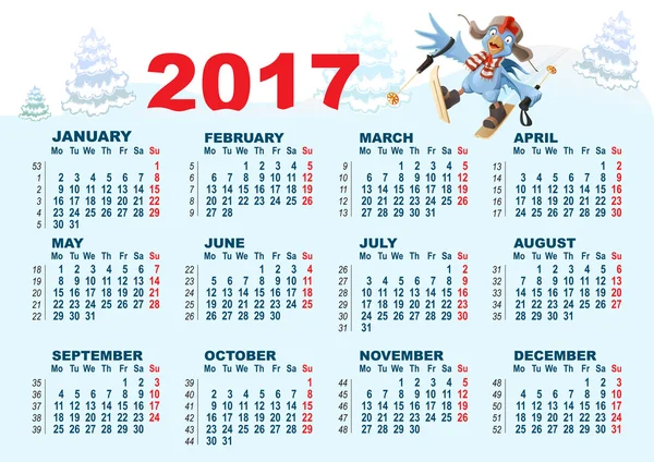 Blue Rooster symbol 2017 and calendar. Cartoon Cock chicken skiing — Stock Vector