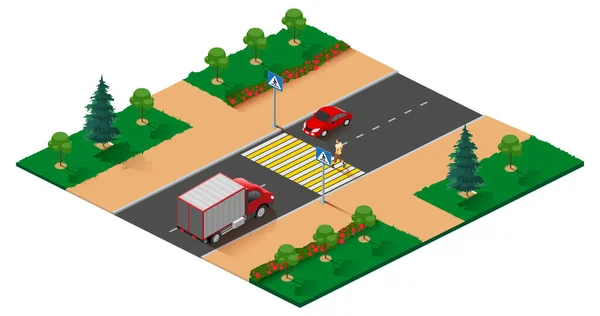 Pedestrian crossing road isometric projection illustration. Man walks on zebra — Stock Vector