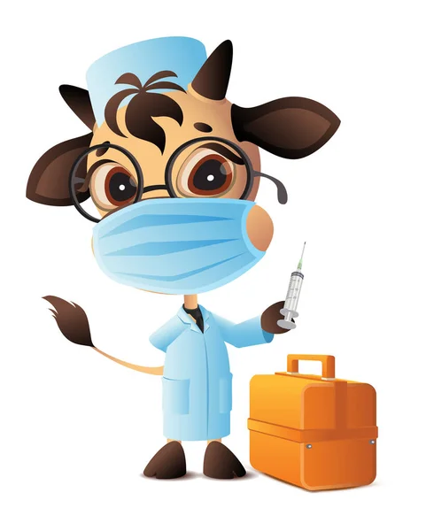 Seringa de médico veterinário Bull vacinada contra coronavírus covid-19. Doutor em roupão e máscara — Vetor de Stock