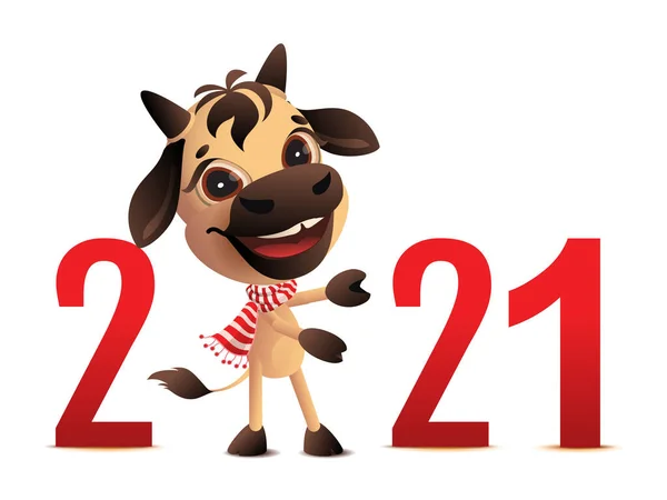 Смішний милий бик у смугастому шарфі Санта символ 2021 року. Рік білої корови — стоковий вектор