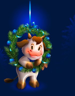 Beyaz boğa ve 2021 yılının Noel çelengi. Yeni yıl Xmas tebrik kartı şablonu