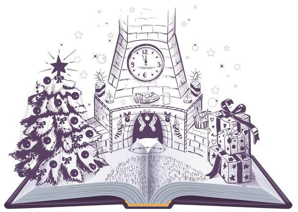 Conte de Noël livre ouvert. Cheminée, sapin de Noël et cadeaux sur des feuilles de livres — Image vectorielle