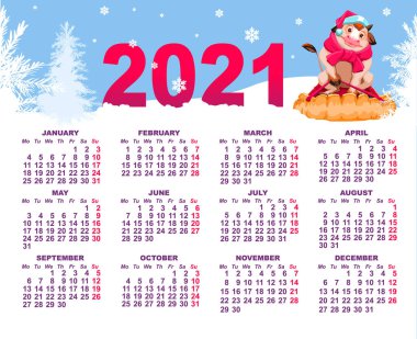 2021 yıllık boğa duvarı takvimi. Kızaklı inek ve karlı kış ormanı