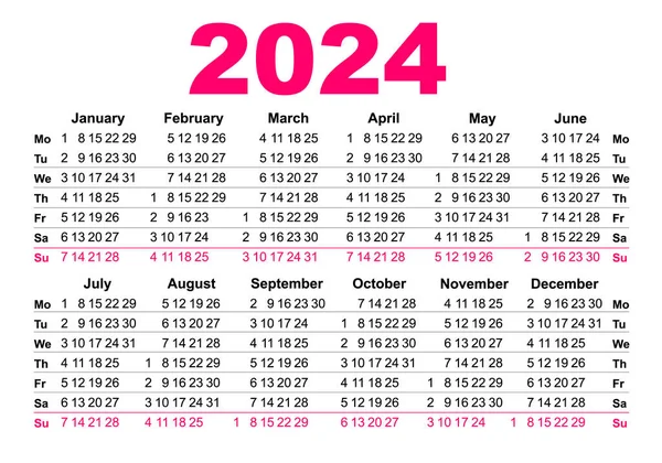 2024日历简单网格。口袋、墙壁或书桌的商业日历模板 — 图库矢量图片