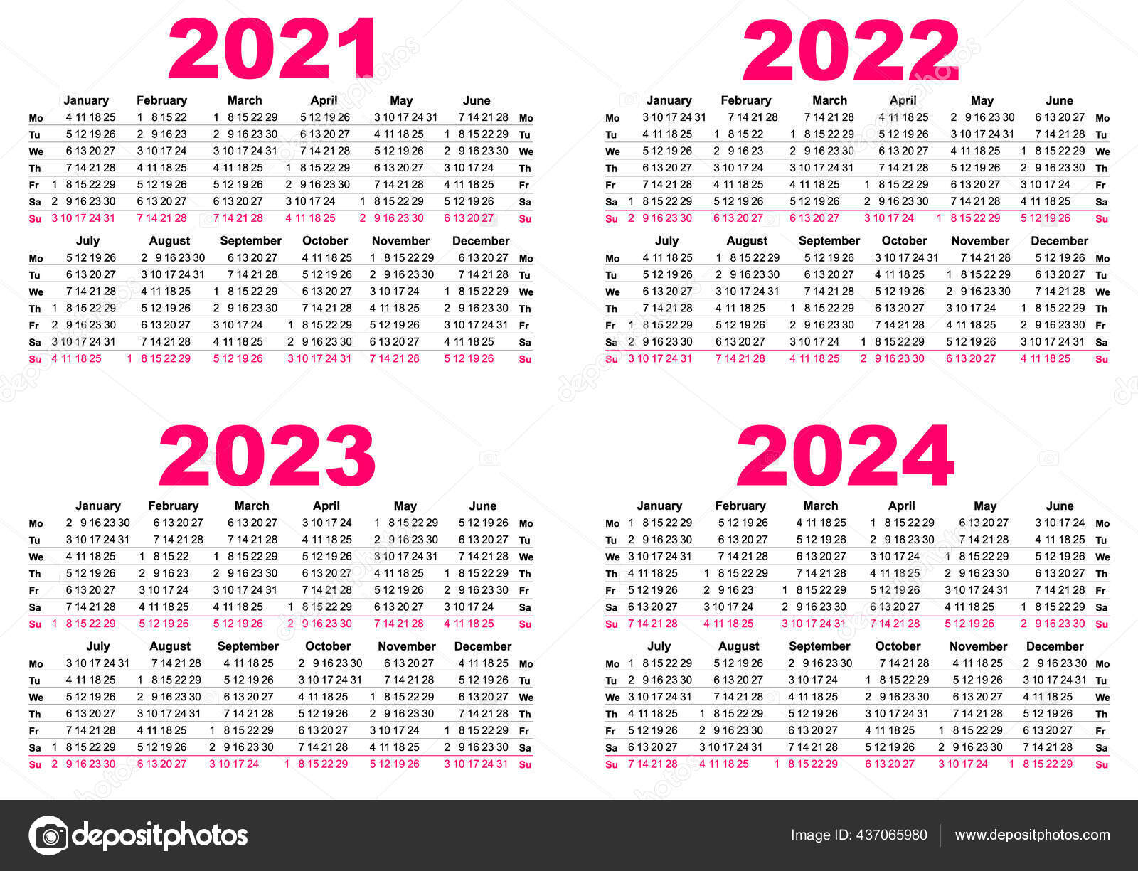 Set 2021 2022 2023 2024 Calendar Simple Template Grid. First Day Of Week  Monday Stock Vector Image By ©Orensila #437065980