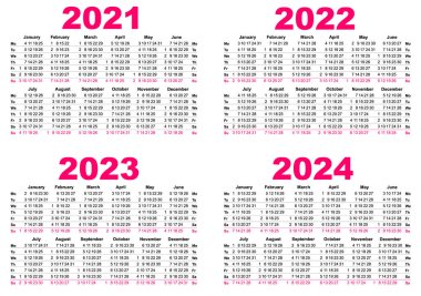 2021 2022 2023 takvim basit şablon ızgarası ayarla. Pazartesi haftanın ilk günü.