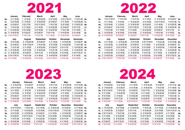 2021 2022 2023 2024カレンダーシンプルなテンプレートグリッドを設定します。月曜日の最初の日 — ストックベクタ