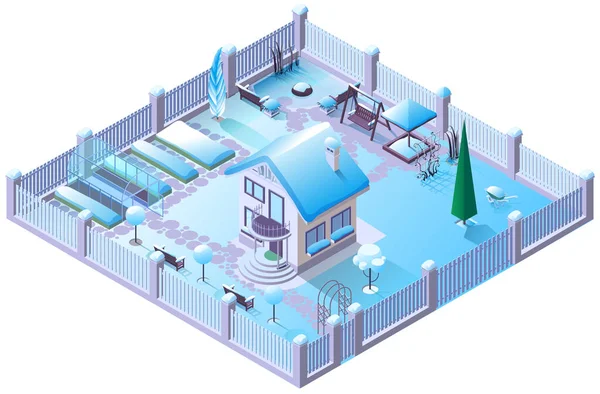 Зимний сезон сельский дом и сад под снегом. 3d-изометрическая иллюстрация — стоковый вектор