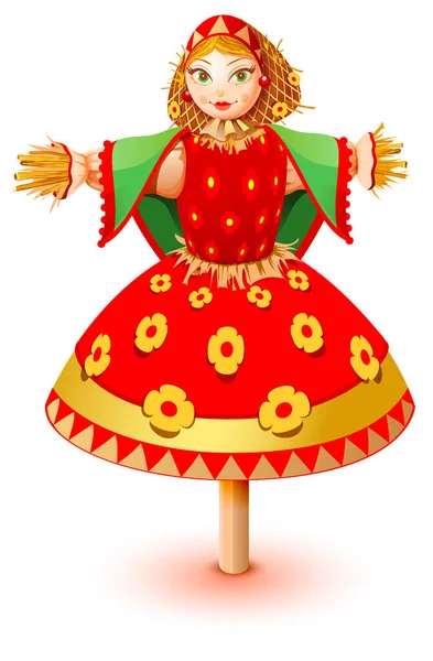 Donna effigie di paglia russa in abito tradizionale. Maslenitsa russo frittella settimana carnevale shrovetide — Vettoriale Stock