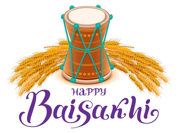 Glad Baisakhi indian skördefestival. Trumma och öron majs ris mall gratulationskort bokstäver text — Stock vektor