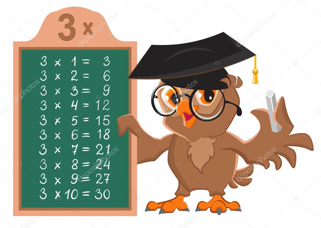 Math lesson multiplication table of 3 by numbers. Owl teacher at blackboard shows table of multiplication examples