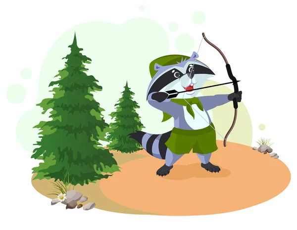 Archer raccoon boy scout shoots bow. Summer Scout School — Stock Vector