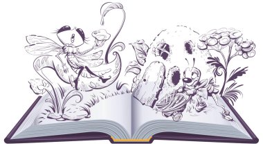 Yusufçuk ve karınca masalı açık kitap illüstrasyonu