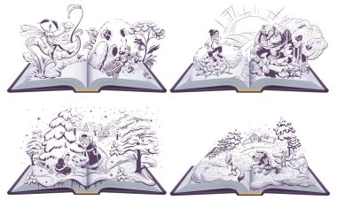 Peri masalı açık bir kitap illüstrasyonuydu. Kurt ve tilki, yaşlı adam ve ayı