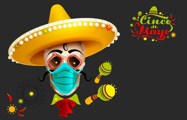 Cinco de Mayo tebrik kartı. Kafatası sombrero ve koruyucu maske ile covid karşı — Stok Vektör