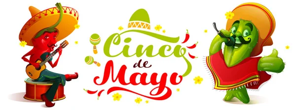 Cinco de Mayo tekst wenskaart Mexicaans festival. Groene cactus en hete chili pepers — Stockvector