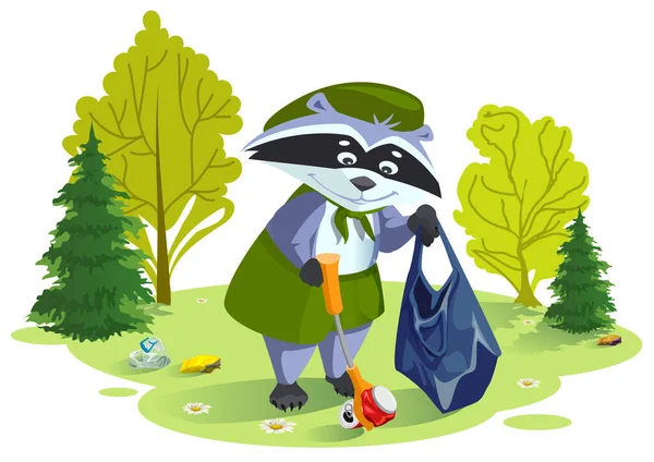 Scout raccoon collects trash in forest. Caring for nature — Stock Vector