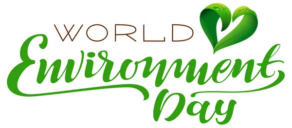 World environment day lettering text for greeting card with green heart shape from leaves — Stock Vector