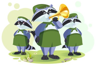 Scout raccoon horner do bugle call. Bugle ceremony in tourist camp clipart