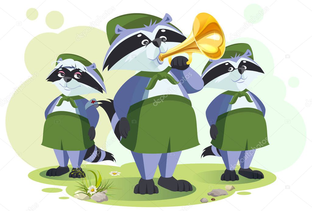 Scout raccoon horner do bugle call. Bugle ceremony in tourist camp