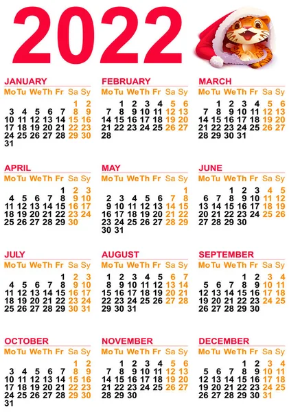 2022年カレンダーグリッドテンプレート虎のシンボル中国のホロスコープ — ストックベクタ