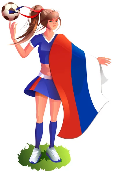 Mujer fan jugador de fútbol en uniforme deportivo sostienen bandera rusa y pelota de fútbol — Vector de stock