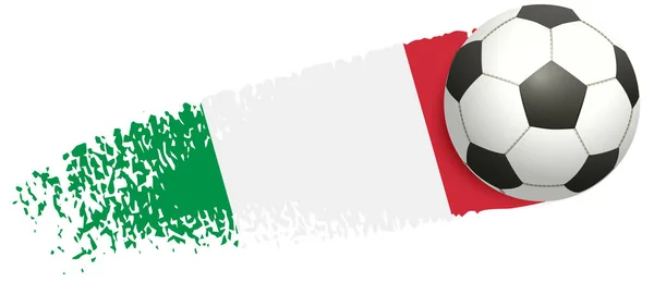 Pelota de fútbol volando en el fondo de la bandera italiana. Campeonato Europeo de Fútbol 2020 y 2021 — Archivo Imágenes Vectoriales