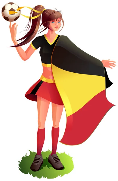 Femme fan joueur de football en uniforme de sport tenir drapeau belge et ballon de football — Image vectorielle