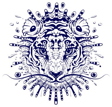 Kaplan kafası soyut mandala çizimi. 2022 yıllık su kaplanından Çin takvimine zodyak işareti.