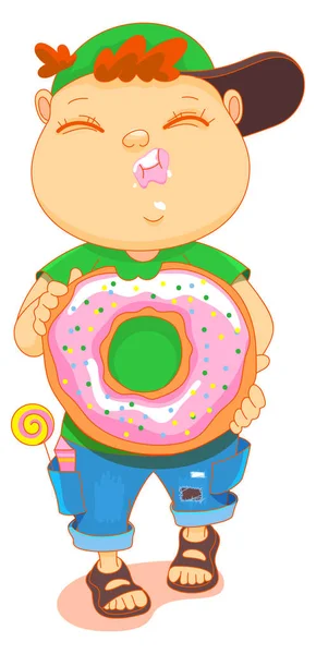 Пухлый милый малыш ест пончики. Мальчик ходит и держит сладкий пончик в руках — стоковый вектор