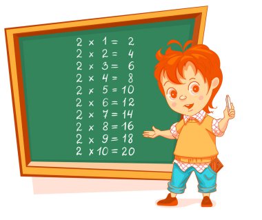 Erkek öğrenci tahtaya çarpım tablosu 2 'yi yazdı. Matematik dersi eğitimi