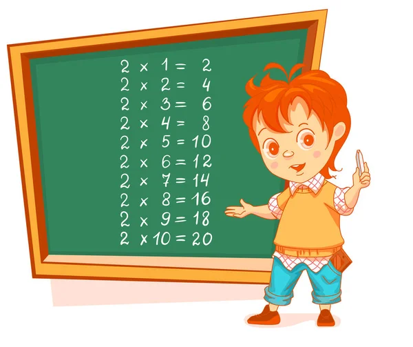 Pojkstudent skriver multiplikationstabell 2 på tavlan. Undervisning i matematik — Stock vektor
