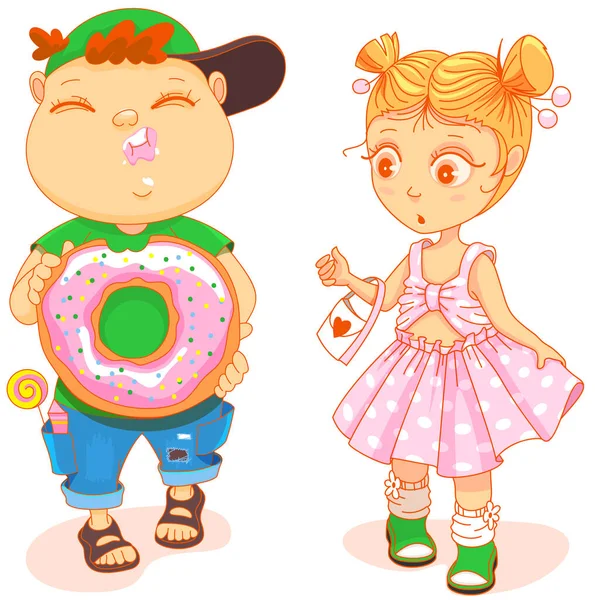 胖胖的可爱孩子吃着甜甜圈，穿着漂亮衣服的可爱小女孩看上去很惊讶 — 图库矢量图片